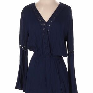 Ambiance Navy Blue V-Neck Lace Trim Jumpsuit